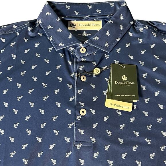 NWT Donald Ross‎ Golf Polo Shirt Men Large Duck Blue AOP Stretch UV Protection - Picture 1 of 6